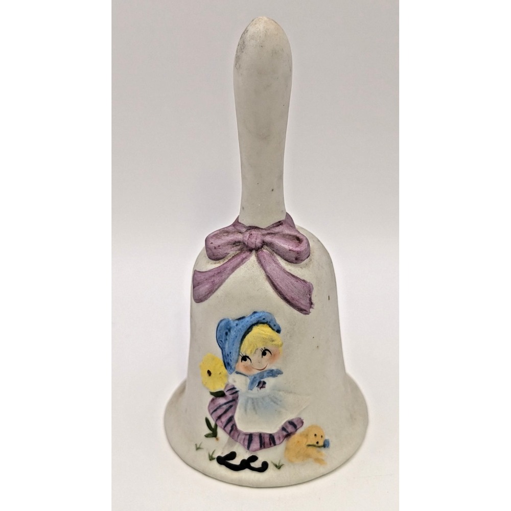 Jasco Bisque Porcelain Bell with Girl Flower / Dog  / Pink Bow 5.25 inch tall